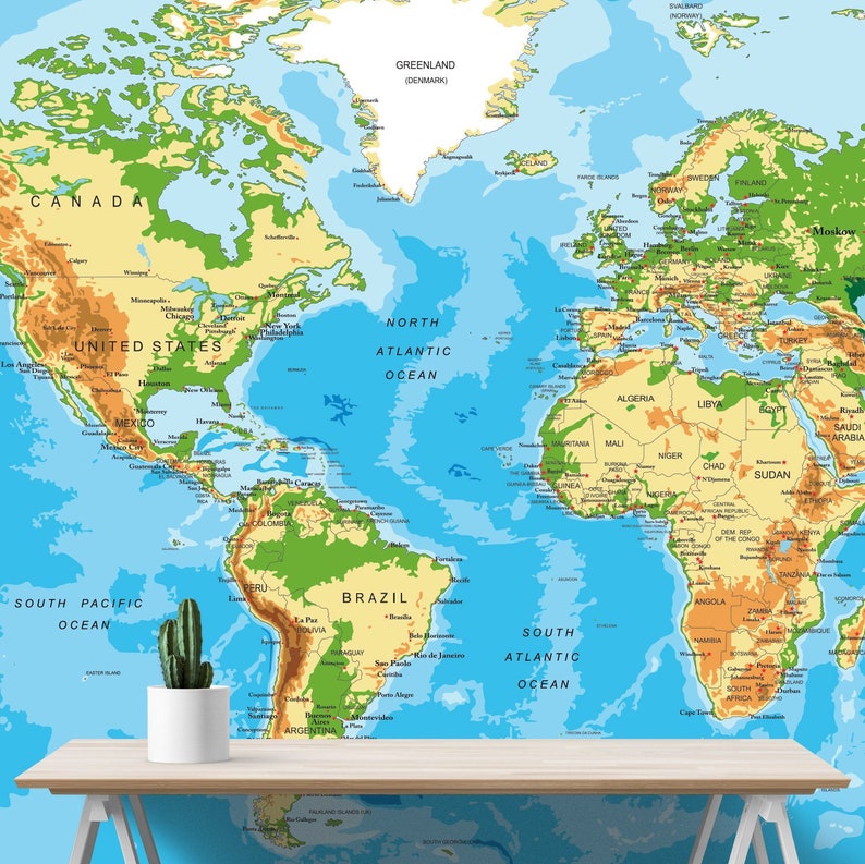 Large Blue World Map Wall Mural Wall Covering Simple Peel Etsy