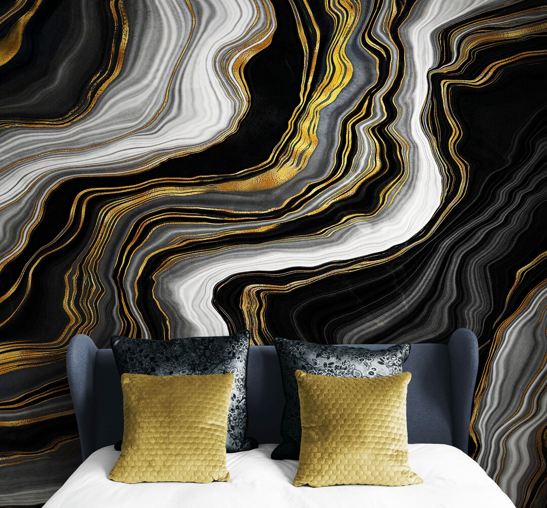 Marble Wallpaper Peel and Stick Mural Black Gold Abstract Marble Stone ...