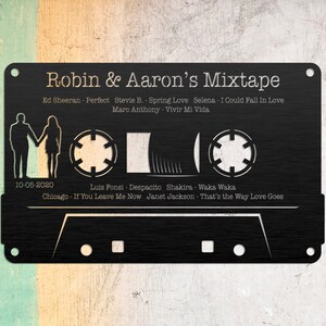 May include: A black cassette tape with a white design. The tape is labeled "Robin & Aaron's Mixtape" and includes a list of songs and artists. The date "10-05-2020" is printed on the tape.