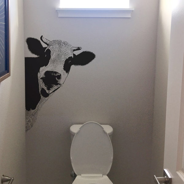 Farmhouse Cow Wall Decal Sticker Rustic Country Farmland Home Decor. Funny Cow Staring. Dining Room Cow. Kitchen Decor. (Black Color) #5476