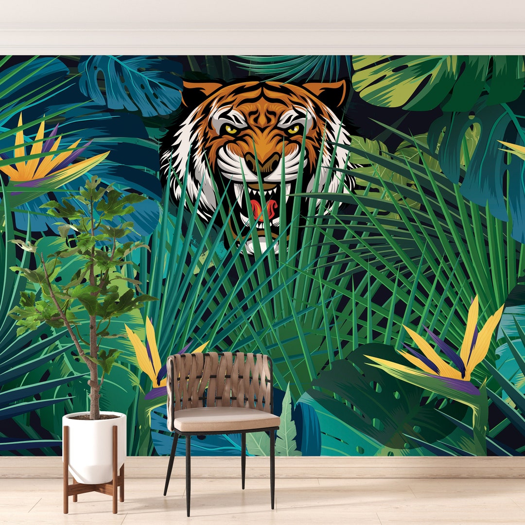 Tiger Wallpaper. Jungle Leaves Wall Mural. Peel and Stick Wallpaper ...