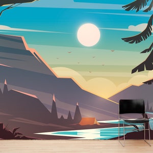 Mountain Wallpaper Illustration. Landscape Wallpaper. Peel and Stick Wall Mural. Colorful Majesty Colorado Mountain Sunset Mural. #6270