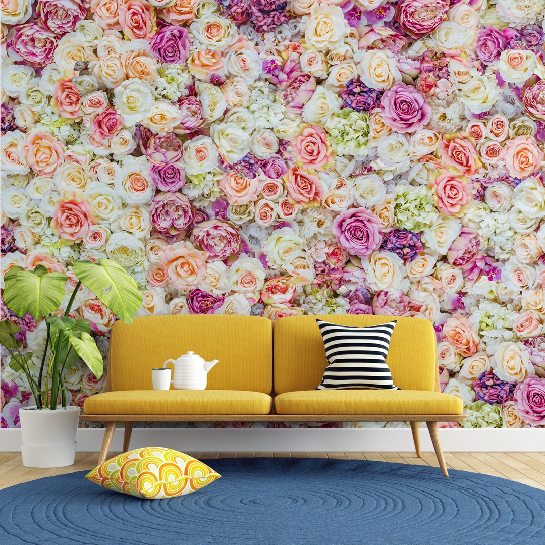 Peonies Flower Pattern Peel and Stick Wall Mural. Wedding Background ...