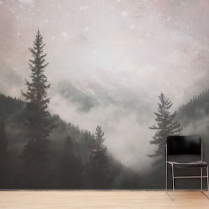 Bedroom Mountain Landscape Wallpaper. Foggy Misty Forest Trees Over Mountain Wall Mural. Peel and Stick. Monochrome Warm Colors:  #6304