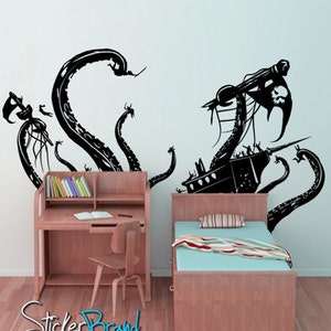 Kid's Bedroom Nursery Decor with Pirate Ship Giant Octopus Wall Decal Sticker. Boy's Room Wall Decoration. GFoster166 image 1