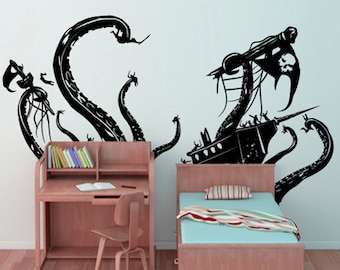 Kid's Bedroom Nursery Decor with Pirate Ship Giant Octopus Wall Decal Sticker. Boy's Room Wall Decoration.  #GFoster166