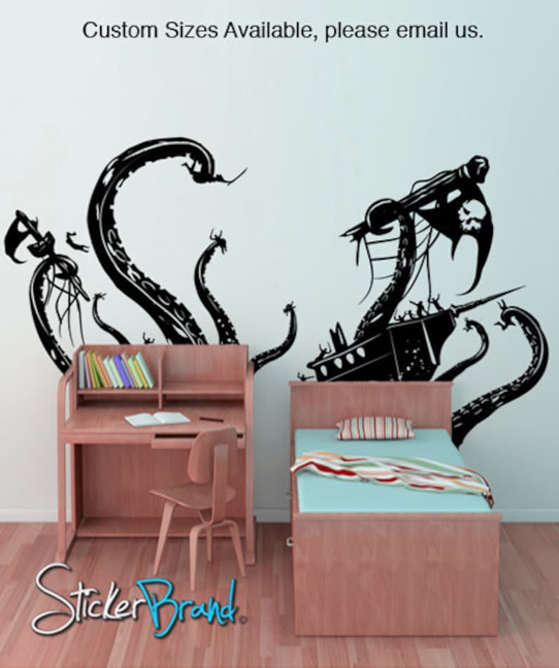 Kid's Bedroom Nursery Decor with Pirate Ship Giant Octopus Wall Decal Sticker. Boy's Room Wall Decoration. GFoster166 image 1