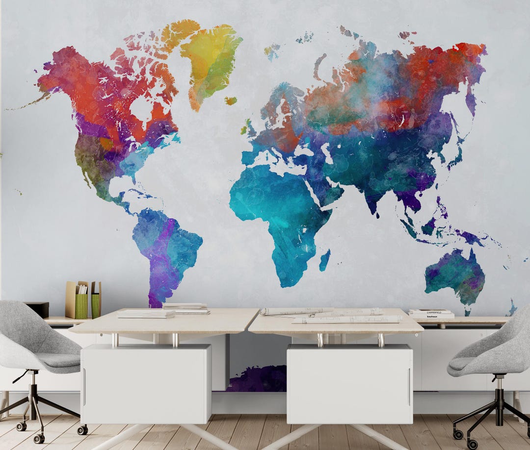 World Map Watercolor Wallpaper – Color Splash Wall Mural, Travel Theme ...