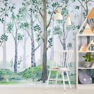 Forest Wallpaper Watercolor Birch Tree Forest Peel and Stick Wallpaper Self Adhesive Nursery Decor Woodland Decal Colorful Wallpaper. #6525
