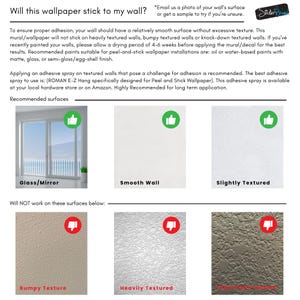 May include: A guide to determine if wallpaper will stick to a wall.  The guide shows thumbs up for surfaces like glass, mirrors, smooth walls, and slightly textured walls.  Thumbs down are shown for bumpy texture, heavily textured walls, and rough surfaces.  The text reads: "Will this wallpaper stick to my wall?"