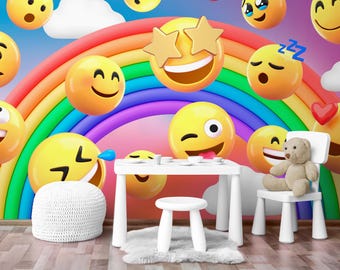 Kid's Room Wallpaper Peel and Stick Wall Mural. Fun Emoticon Smiling Faces. Children's Playroom, Nursery Room Wall Mural Decor. #6876