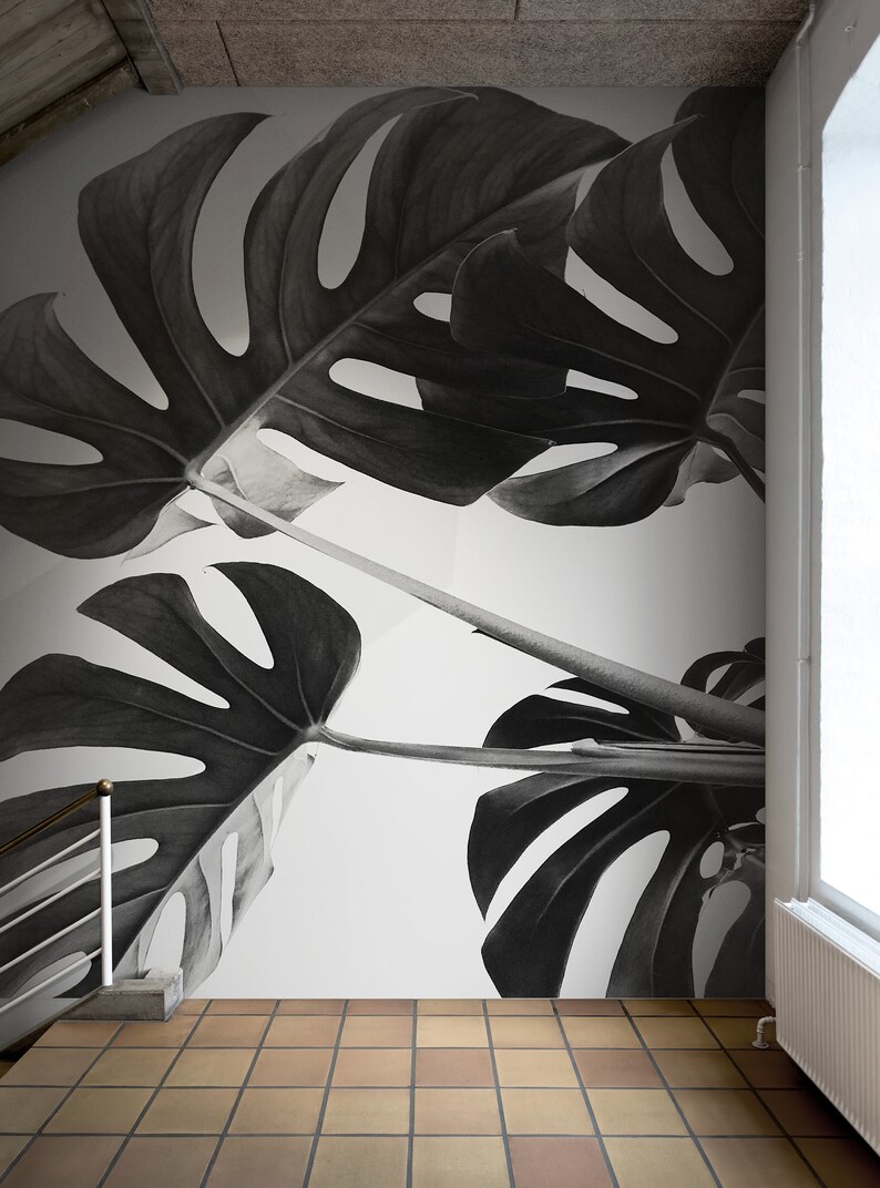 Elegant Black and White Leaves Wallpaper. Peel and Stick Wall Mural ...