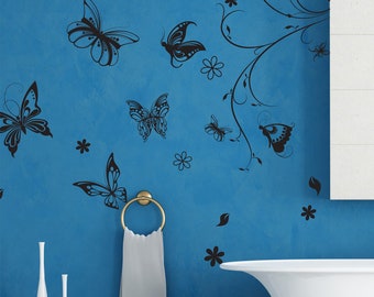 Flower Wall Decal Sticker with Butterflies and Swirl Floral Design. Bedroom Wall Art Decor Bathroom Wall Decal. #331