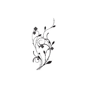 May include: Black and white floral design with intricate swirls and delicate flowers.