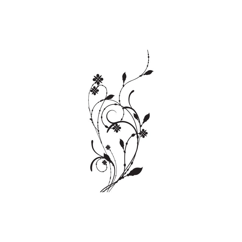 May include: Black and white floral design with intricate swirls and delicate flowers.