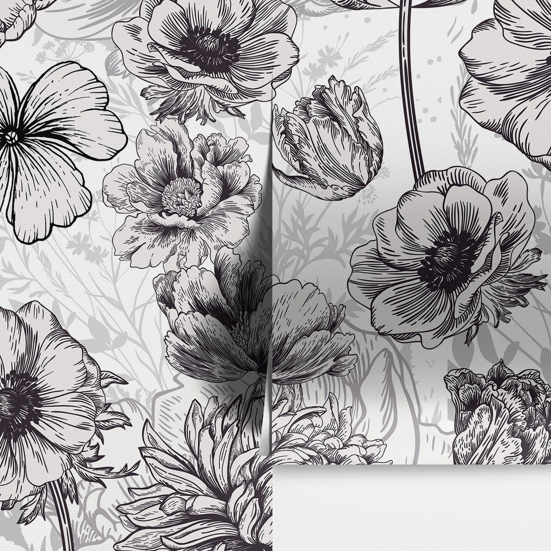 Black and White Flower Wallpaper Mural. Farmhouse Decor. Blossom Floral ...