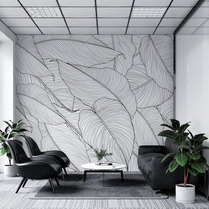 Banana Leaves Wallpaper Palm Leaves Line Art Pattern Wall Mural Peel and Stick Wallpaper Removable Wall Mural Modern Wall Art. #6330