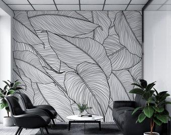 Banana Leaves Wallpaper Palm Leaves Line Art Pattern Wall Mural Peel and Stick Wallpaper Removable Wall Mural Modern Wall Art. #6330