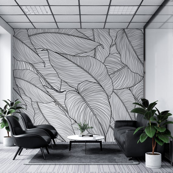 Banana Leaves Wallpaper, Palm Leaves Line Art Pattern Peel and Stick Wall  Mural.