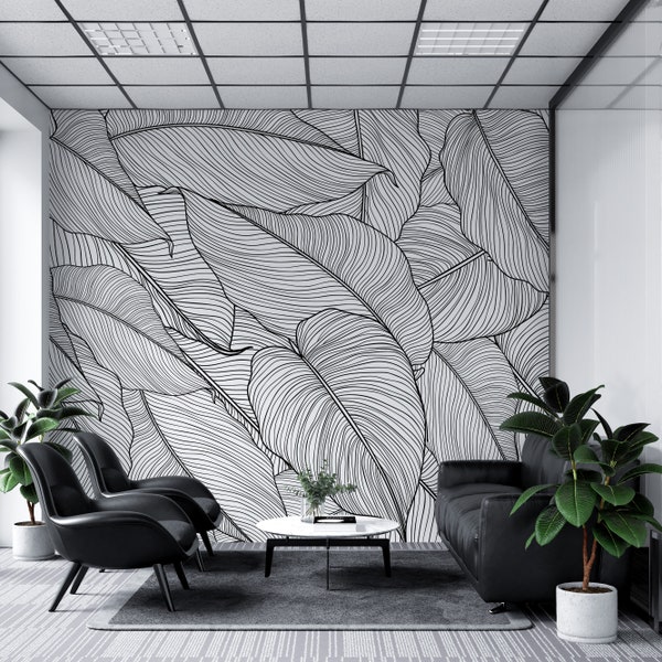 Banana Leaves Wallpaper Palm Leaves Line Art Pattern Wall Mural Peel and Stick Wallpaper Removable Wall Mural Modern Wall Art. #6330