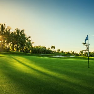 Stunning Golf Course Wallpaper Mural. Sunset Over Green with Palm Trees - Perfect for Home, Office, Game-room, Gift for Golfer. #FT-3797
