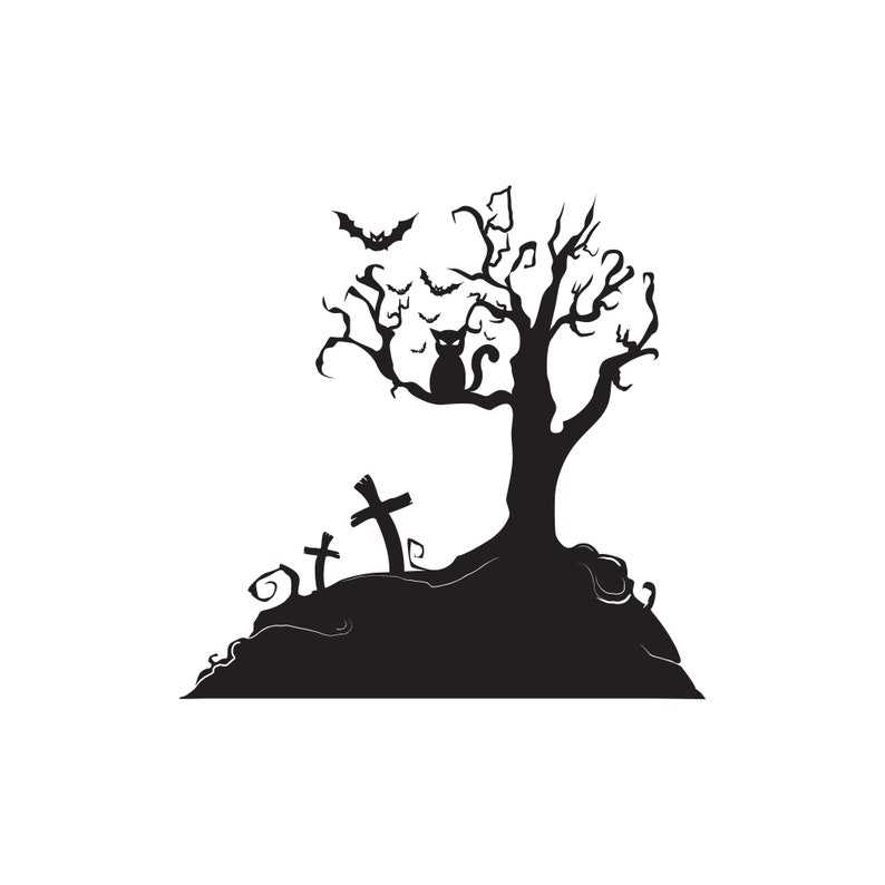 May include: Black silhouette of a spooky tree with a black cat sitting in the branches. There are three black crosses at the base of the tree and bats flying around the tree.