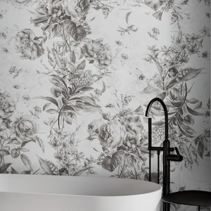 French, Vintage Farmhouse Wallpaper. Vintage Flower Pattern Illustration Wall Mural Black and White. Toile De Joy Wallpaper. #6443