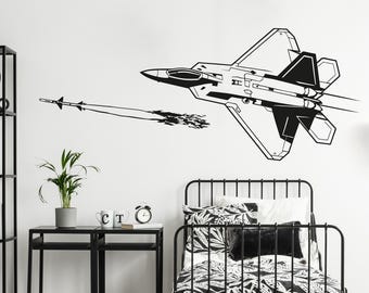 Vinilo decorativo de pared del avión de combate F-22 Raptor. Adhesivo de avión de combate para dormitorio infantil, habitación juvenil, oficina, cueva de hombre, decoración aeronáutica. #7038