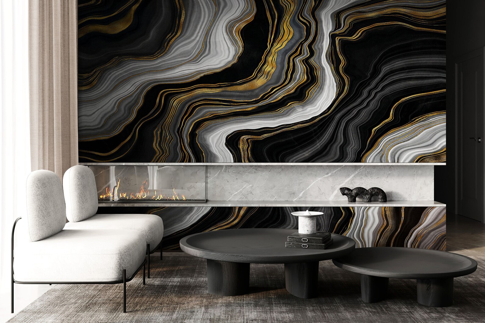 Marble Wallpaper Peel and Stick Mural Black Gold Abstract Marble Stone ...