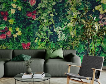 Greenery Jungle Bush Wallpaper Mural. Tropical Leaves Wallpaper. Botanical Rainforest Fern Wall Mural. Floral Wallpaper Mural. #6765