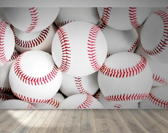 Mural de papel tapiz de béisbol. Diseño de béisbol blanco autoadhesivo. Ideal para sala de juegos infantil, sala de deportes o para aficionados al béisbol. #7080