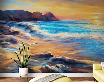 Mural de pared con pintura de costa colorida: papel tapiz de playa autoadhesivo para sala de estar, dormitorio o decoración costera. #7074