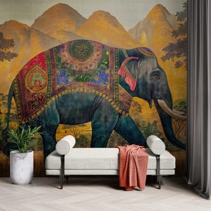 Vintage Decorative Indian Elephant Wallpaper Mural. Indian Wedding Festival Theme Wall Art. Bollywood Theme. Colorful Wallpaper. #6990