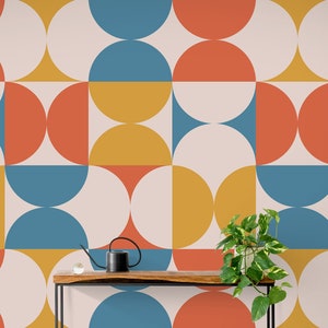 Circle Geometric Wallpaper Peel and Stick Mural. Groovy Shape Patterns Mid Century Modern Retro Wallpaper, Retro Vintage Wallpaper. #6578