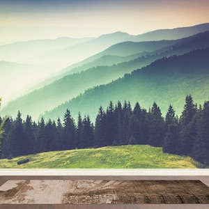 Wall Mural Landscape. Colorful Foggy Mountain Misty Forest Peel and Stick Wallpaper | Removable Wall Mural. Forest Wallpaper. #6159