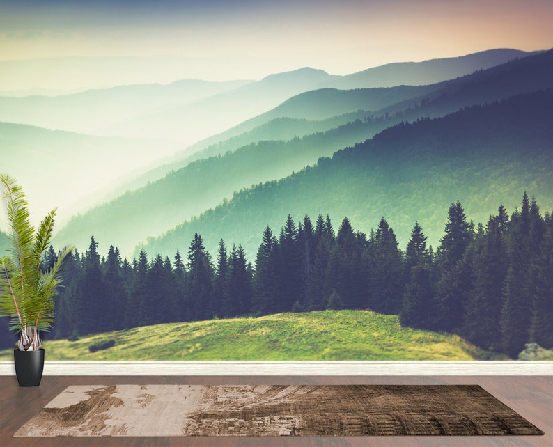 May include: A wall mural featuring a landscape of rolling green mountains fading into a hazy horizon behind a dense forest of dark pine trees. A green potted plant sits on the left side, and a rectangular brown textured rug lies on the floor.