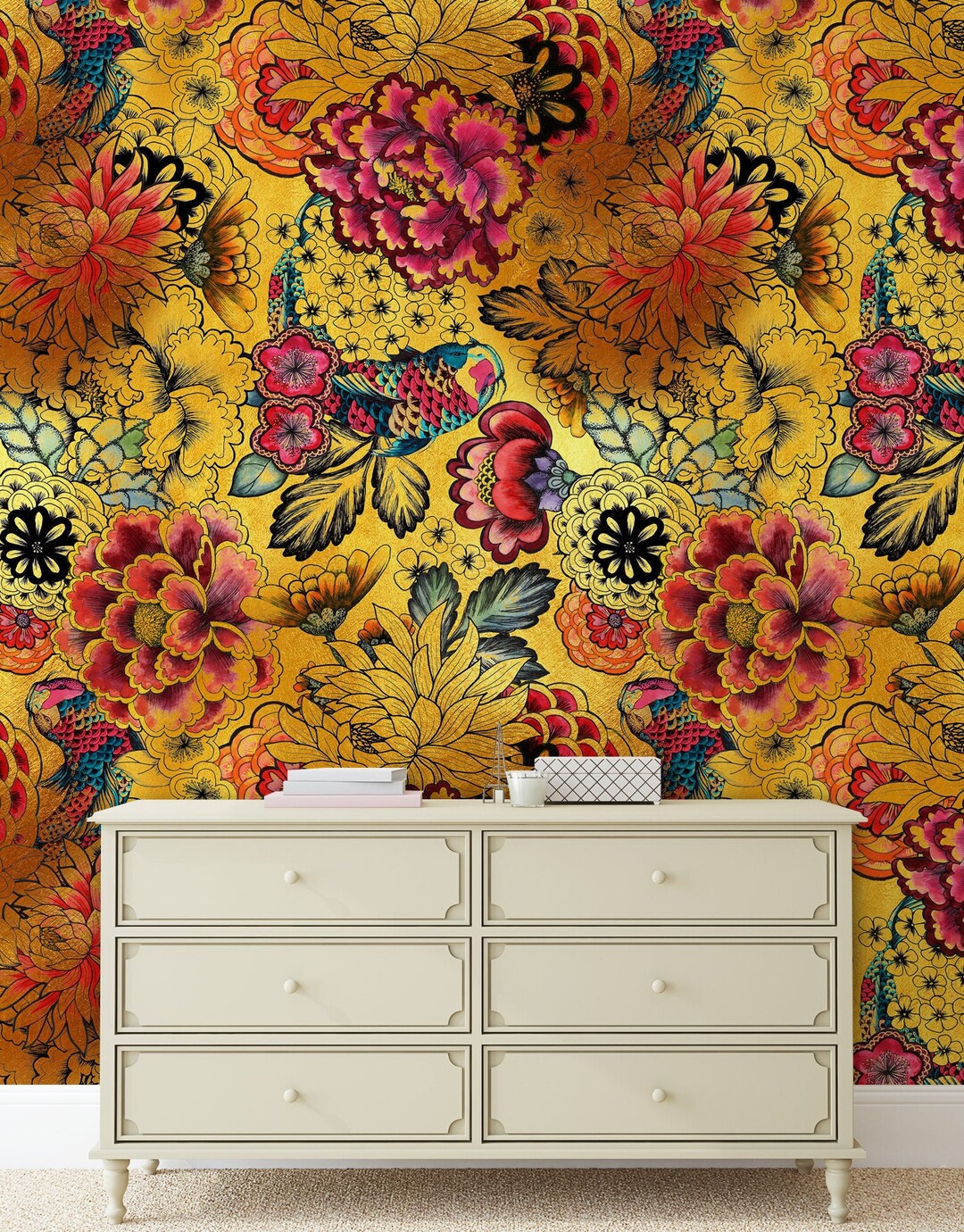 Japanese Art Koi Fish Peel and Stick Wallpaper. Gold Flower Etsy