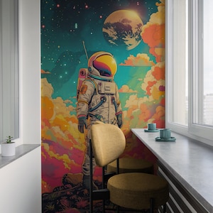 Bedroom Wallpaper. Colorful Astronaut Space Wall Mural. Kid&#39;s Room Wallpaper Decor. Fantasy Galaxy Sci-Fi Peel & Stick Wallpaper. #6912