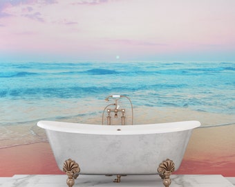 Mural de pared con puesta de sol en tonos pastel. Mural de pared con horizonte oceánico. Papel pintado autoadhesivo para baño con temática playera. #6400