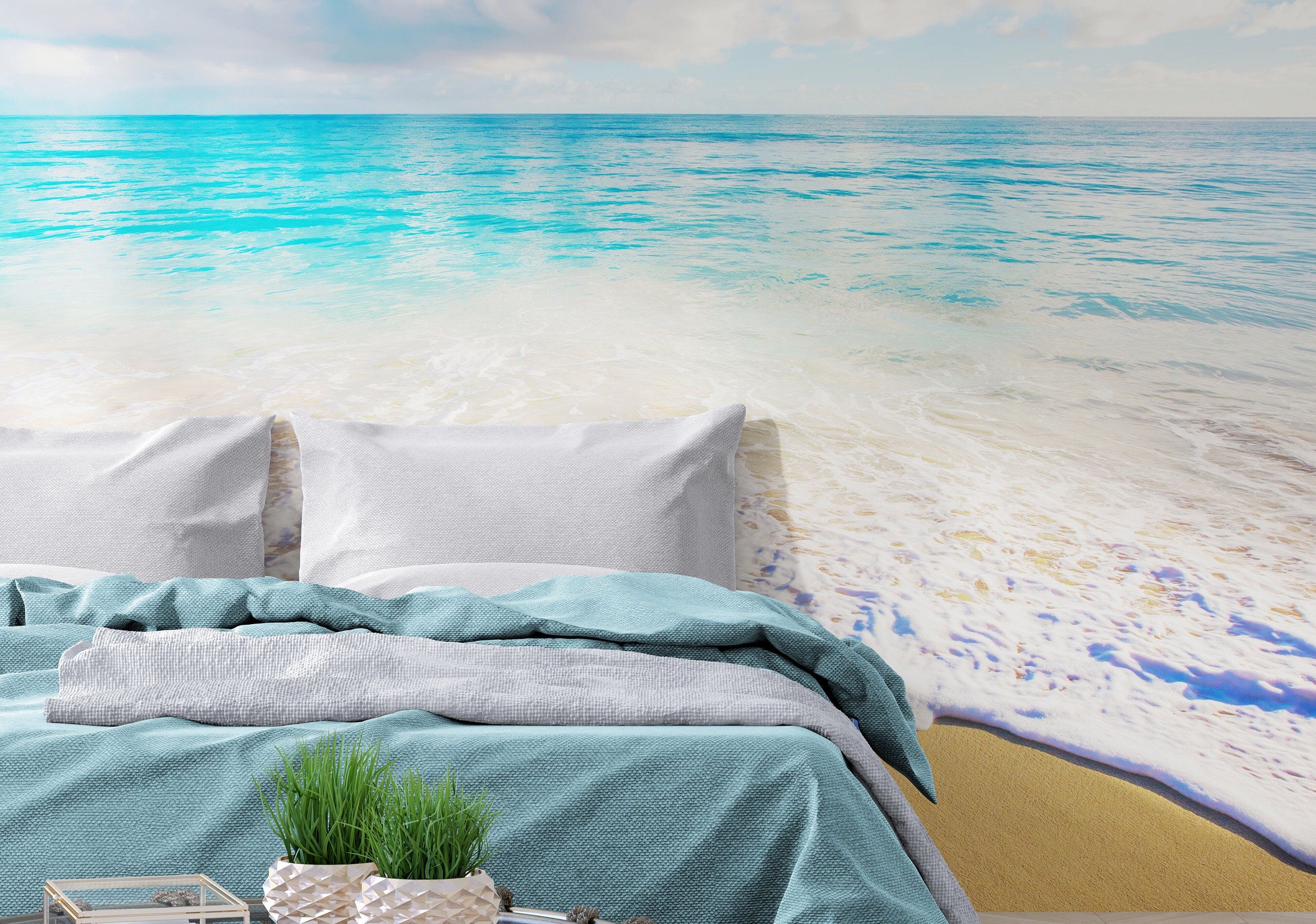 Ocean Beach Shore Wallpaper Mural. Tropical Theme Wall Decor, Bathroom