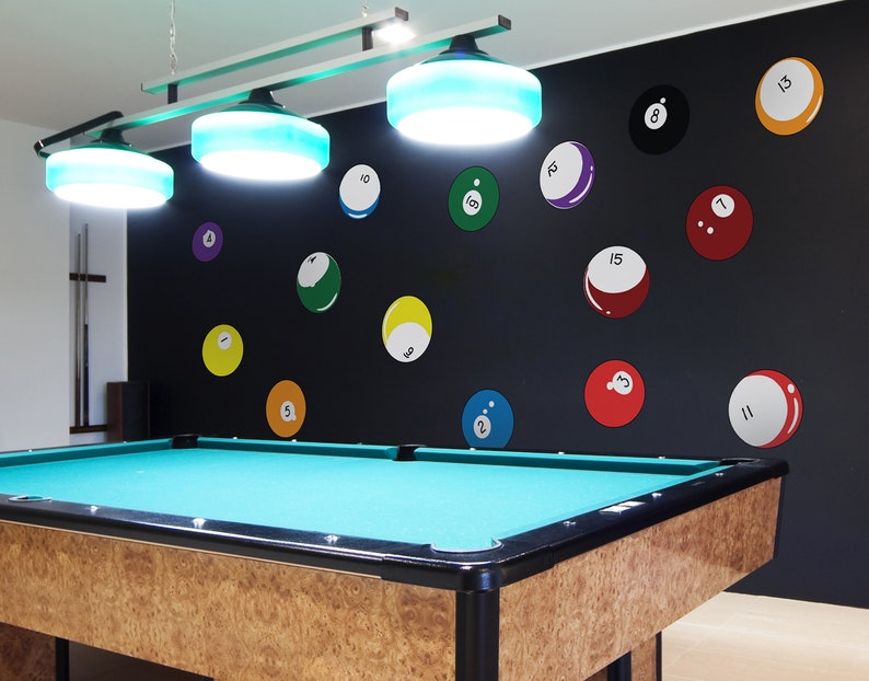 Billiard balls Wall Sticker. Pool Cue Wall Decal. Game Room Wall Decor. Gift for Dad. Gift for Brother. Man Cave Wall Decor. OS_MB130 image 3