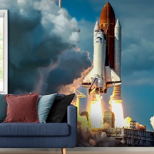 Space Shuttle Launch Wallpaper Mural. Kid’s Room Wall Decor, Space Theme Decor, Rocket Launch Mural. Peel and Stick Wallpaper. #6470