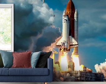 Space Shuttle Launch Wallpaper Mural. Kid’s Room Wall Decor, Space Theme Decor, Rocket Launch Mural. Peel and Stick Wallpaper. #6470