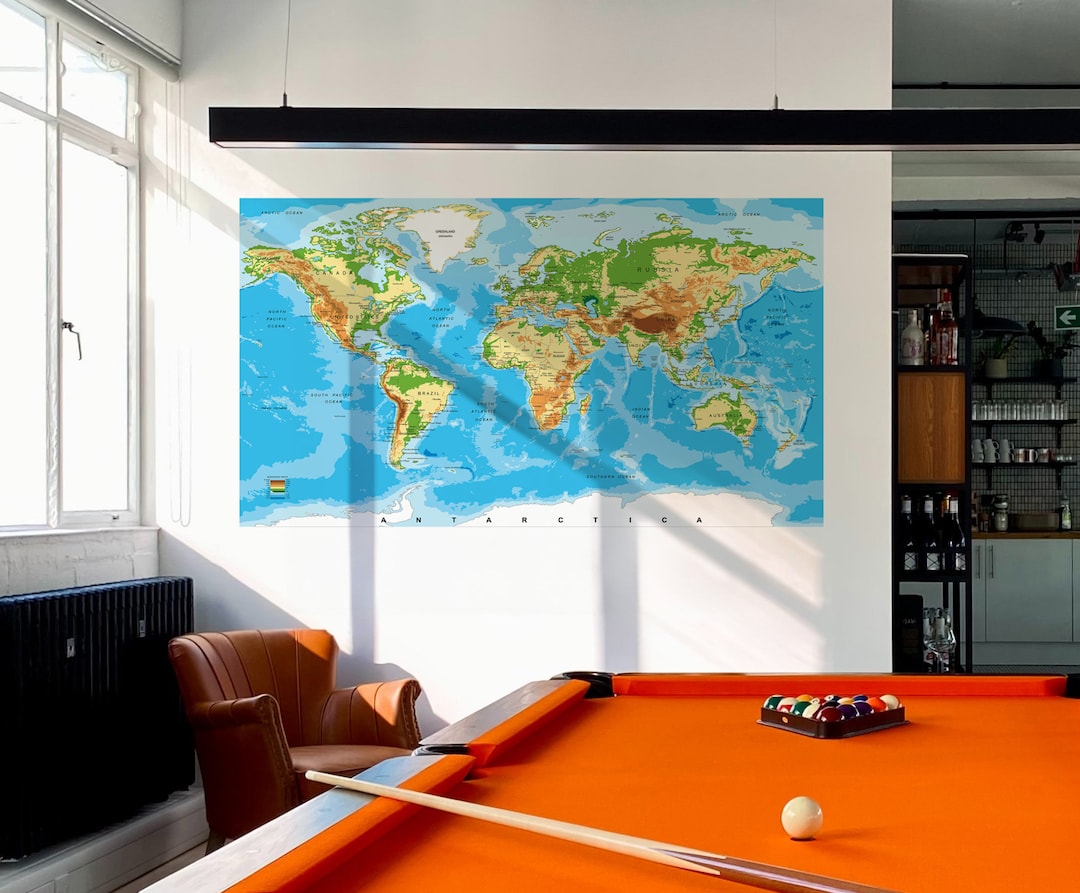 Office Wall Map Decor. World Map Wall Mural. America, Europe, Asia, Australia World Map Peel and