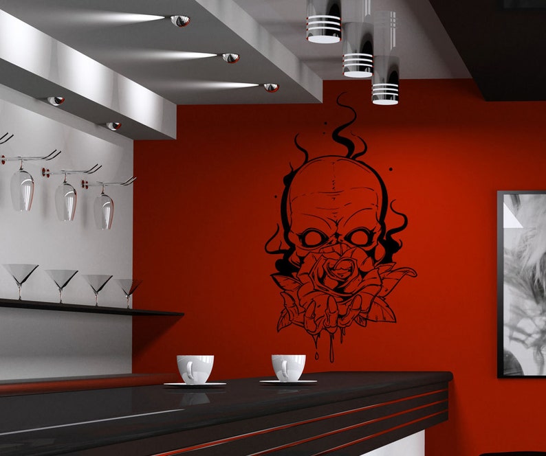 Vinyl Wall Decal Sticker Skull Holding Rose 1468s