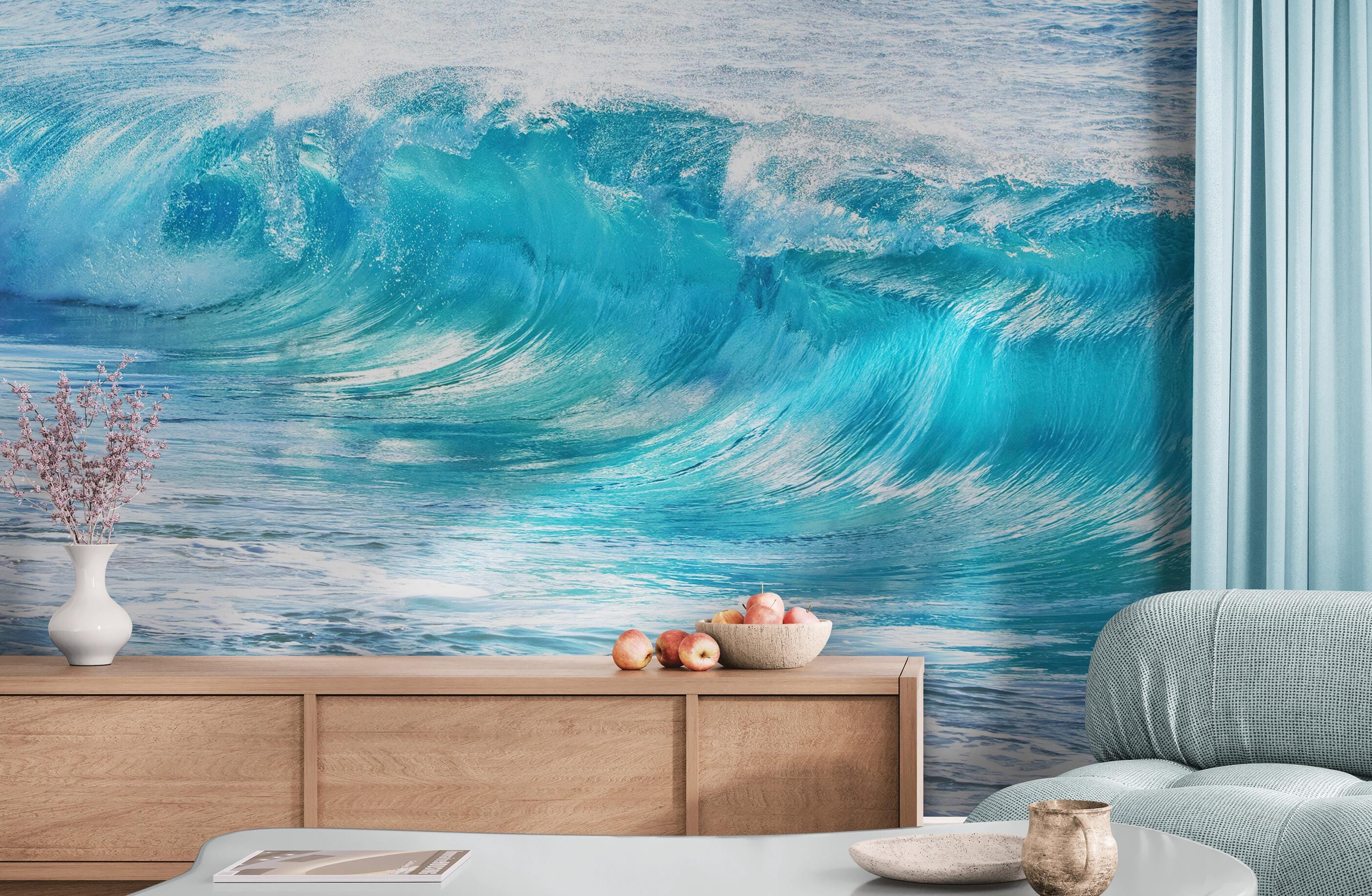 Blue Ocean Waves Wall Mural. Surfer Wall Art. Surf Wave Wallpaper Peel