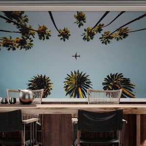 SoCal Palm Trees and Airplane Wallpaper Mural – California Sky Theme Peel and Stick Wallpaper for Modern Decor. Tropical Summer Theme. #6283
