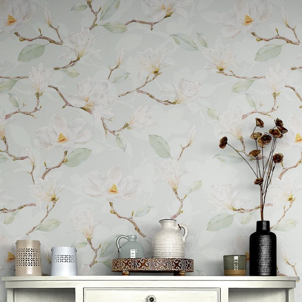 White Magnolia Wallpaper. Flower Wallpaper. Peel and Stick Wallpaper. Bedroom Wallpaper, Nursery Room Wallpaper Decor. Wall Mural. #6477