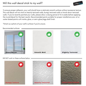 May include: A guide to determine if a wall decal will stick to a wall.  The guide shows thumbs up for surfaces like glass, smooth walls, and slightly textured walls.  Thumbs down are shown for bumpy, heavily textured, and rough surfaces.