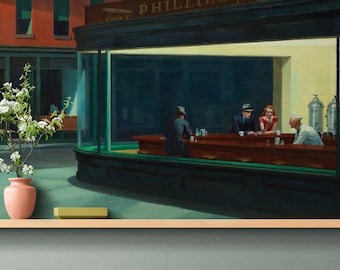 Nighthawks Painting Wallpaper. Late-Night Scene at the Diner Restaurant by Edward Hopper. Office Wall Mural Art. Famous Painting Mural #6654